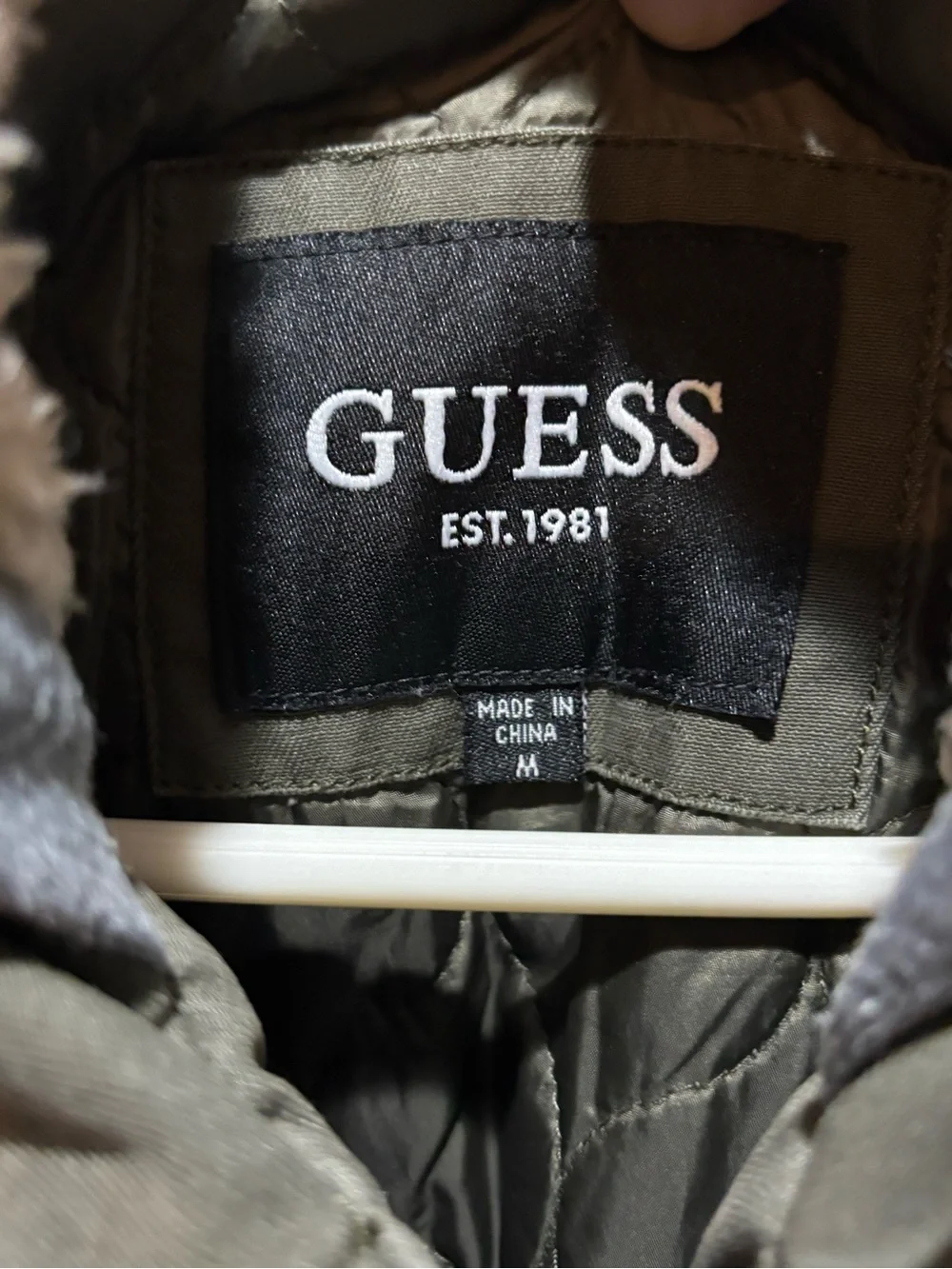 GUESS Olive Green Hooded Military-Style Jacket with Sherpa Trim